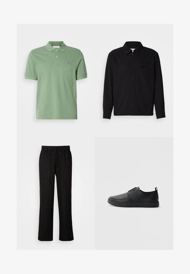 Černá dlouhá rukávová košile s límečkem, předním zipovým uzávěrem a kapsou na hrudi. Vyrobená z texturované tkaniny s uvolněným střihem.; Zelená polo košile vyrobená z bavlny. Má límeček s dvěma knoflíky a malým logem na hrudi. Krátké rukávy, standardní střih.; Černé kalhoty s uvolněným střihem, vyrobené z lehké tkaniny. Mají elastický pas, knoflíkový uzávěr a dvě přední kapsy.; Černé kožené tenisky s hladkým povrchem, zaoblenou špičkou, tónovým prošíváním, šněrovacím uzávěrem a plochou gumovou podrážkou. Očko na patě.