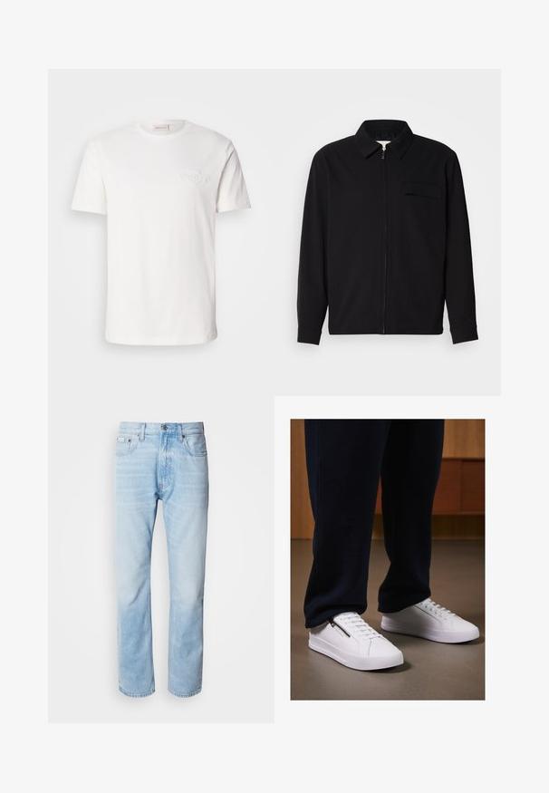 Camisa preta de manga longa com gola, fecho frontal com zíper e bolso no peito. Feita de um tecido texturizado com um corte descontraído.; T-shirt branca de algodão com mangas curtas, apresentando um logotipo em relevo subtil no peito. Design de decote redondo clássico, textura suave.; Jeans de ganga azul clara com corte reto, apresentando seções desbotadas, design de cinco bolsos e um fecho clássico com botão.; Sapatilhas brancas com um acabamento em couro liso, sola plana e design com atacadores. O detalhe do fecho lateral acrescenta funcionalidade. Combinadas com calças de jogging escuras.