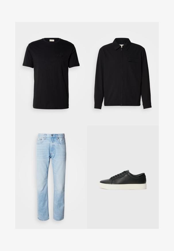 Must valgade varrukatega must särk, millel on krae, ees tõmbluku sulgemine ja rinna tasku. Valmistatud tekstuurilisest kangast ning mugav lõige.; Musthave musta puuvillane T-särk ringikujulise kaelusega ja lühikeste varrukatega, millel on vasakul rinnal tooni järgi tikand. Sile tekstuur.; Heledad sinine denimhääl, sirge sääre lõikega, millel on pleekinud osad, viie tasku disain ja klassikaline nööbivärk.; Must have perforatsiooniga mustad nahast tossud, ümar varvas ja lame valge kummist tald. Omab musti paelu ja diskreetset logo küljel.