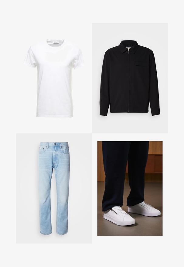 Črna dolgoročna majica z ovratnikom, sprednjim zadrgo in žepom na prsih. Narejena iz teksturirane tkanine z sproščenim krojem.; Bela bombažna majica s kratkimi rokavi, zasnova z okroglim izrezom in gladka tekstura. Oznaka vidna na vratu. Preprost in klasičen slog.; Svijetloplave traperice s ravnim nogavicama, s izblijedjelim dijelovima, pet džepova i klasičnim dugmadi za kopčanje.; Beli superge z gladkim usnjenim zaključkom, ravnim podplatom in vezalnim dizajnom. Dodatna zadrga na strani povečuje funkcionalnost. Uklopljene s temnimi joggeri.