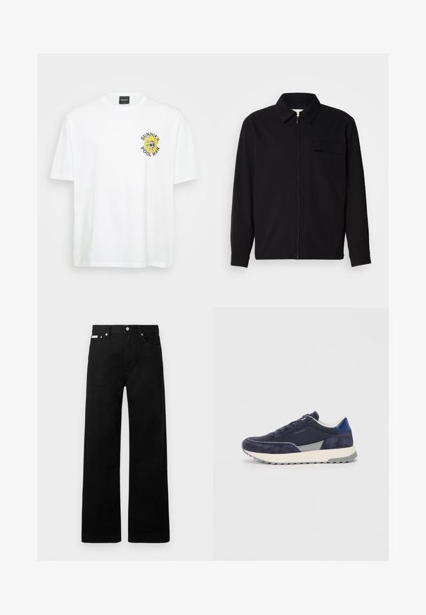 Črna dolgoročna majica z ovratnikom, sprednjim zadrgo in žepom na prsih. Narejena iz teksturirane tkanine z sproščenim krojem.; Bela bombažna majica s krožno ovratnikom, kratkimi rokavi in grafiko sončnice z napisom "SUNNIES POOL BAR" na levi strani prsnega dela.; Črne jeans hlače širokega kroja, z petimi žepi in kovinskimi gumbi. Gladka tekstura, brez vidnih vzorcev.; Temno modri copati z suknjeno in tekstilno zgornjo plastjo, sivo akcenti, bela srednja plast in teksturirana gumijasta podplat. Imajo vezalni sistem in logo.