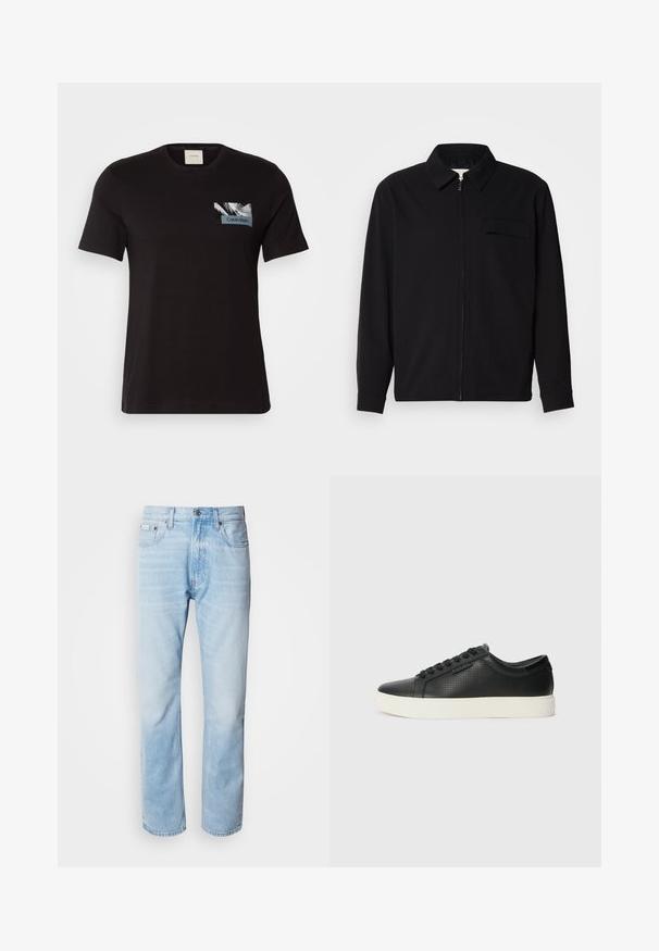 Camisa preta de manga longa com gola, fecho frontal com zíper e bolso no peito. Feita de um tecido texturizado com um corte descontraído.; T-shirt de algodão preto com decote redondo, apresentando um pequeno design de bolso gráfico em cinza e azul, exibindo o texto "Calvin Klein".; Jeans de ganga azul clara com corte reto, apresentando seções desbotadas, design de cinco bolsos e um fecho clássico com botão.; Sneakers de couro preto com textura perfurada, bico redondo e sola de borracha branca plana. Apresenta atacadores pretos e um logótipo discreto na lateral.