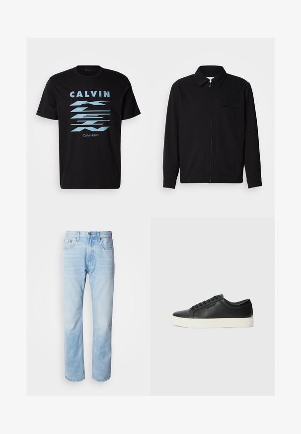 Camisa preta de manga longa com gola, fecho frontal com zíper e bolso no peito. Feita de um tecido texturizado com um corte descontraído.; T-shirt de algodão preto com texto e gráficos geométricos em azul claro. Gola redonda clássica e mangas curtas com um corte descontraído.; Jeans de ganga azul clara com corte reto, apresentando seções desbotadas, design de cinco bolsos e um fecho clássico com botão.; Sneakers de couro preto com textura perfurada, bico redondo e sola de borracha branca plana. Apresenta atacadores pretos e um logótipo discreto na lateral.