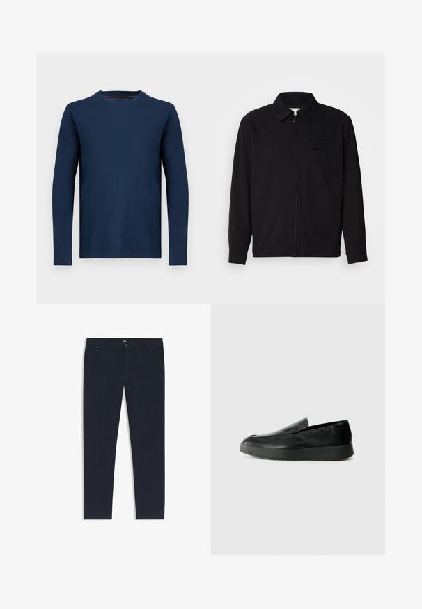 Zwarte lange mouwen shirt met een kraaghals, voorste rits sluiting en een borstzak. Gemaakt van een gestructureerde stof met een relaxte pasvorm.; T-shirt met lange mouwen in marineblauw, gemaakt van zacht katoen met een ronde hals en subtiel logodetail op de borst. Soepele textuur, casual pasvorm.; Marineblauwe broek van lichtgewicht stof, met een rechte pijpdesign, zijzakken en een knoopsluiting aan de voorkant met merkdetails.; Calvin Klein HYBRID CUP - Instappers - triple black