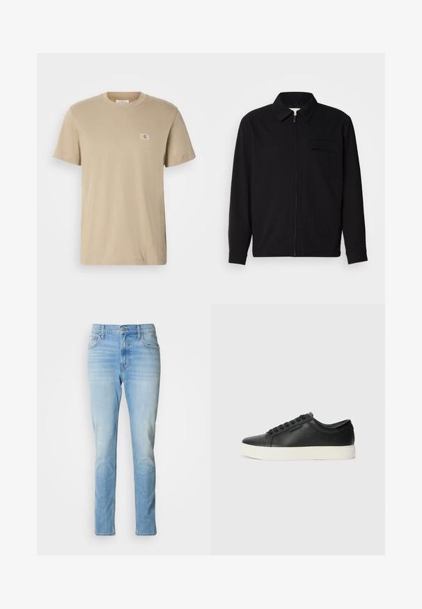 Melna garām piedurknēm krekls ar apkakles izgriezumu, priekšējo rāvējslēdzēju un krūšu kabatu. Izgatavots no teksturēta auduma ar brīvu piegriezumu.; Beidzis kokvilnas T-krekls ar apkakles izgriezumu, īsām piedurknēm un mazu taisnstūrveida logotipa uzšuvumu kreisajā krūtī. Gluda tekstūra.; Gai zilu džinsi ar taisnu kāju griezumu, maigu izbalēšanu un klasisku piecu kabatu dizainu. Iezīmēta ar pogu aizdari un jostas cilpiņām.; Melnas ādas sporta kurpes ar perforētu tekstūru, apaļu purngalu un plakanu baltu gumijas zoli. Ar melniem šņorējumiem un smalku logo sānos.