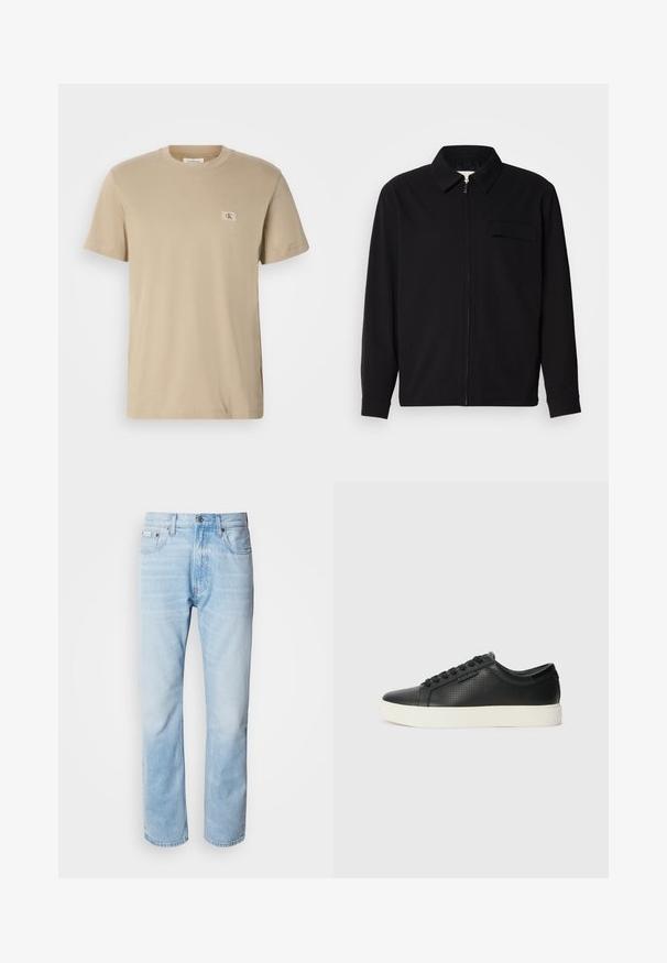 Czarna koszula z długim rękawem z kołnierzykiem, z zapięciem na suwak z przodu oraz kieszonką na piersi. Wykonana z teksturowanej tkaniny o luźnym kroju.; Beżowa bawełniana koszulka z okrągłym dekoltem, krótki rękaw i małą prostokątną naszywką z logo na lewej piersi. Gładka tekstura.; Jasnoniebieskie dżinsy z prostymi nogawkami, z wyblakłymi odcieniami, pięcioma kieszeniami oraz klasycznym zapinaniem na guzik.; Czarne skórzane sneakersy z perforowaną fakturą, okrągłym czubkiem i płaską, białą gumową podeszwą. Posiadają czarne sznurówki i subtelne logo po boku.