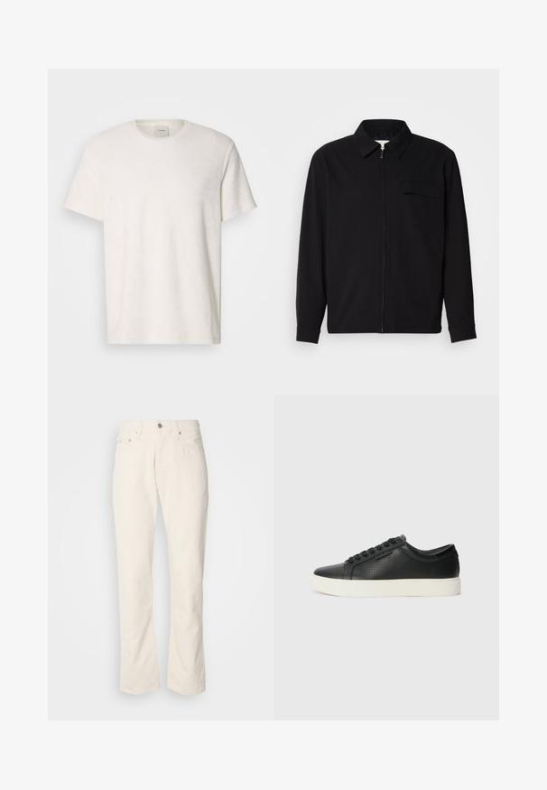 Sort langærmet skjorte med krave, frontlynlås og brystlomme. Lavet af struktureret stof med en afslappet pasform.; Hvid bomulds T-shirt med rund hals og korte ærmer. Blød tekstur og minimalistisk design med et lille logo på brystet.; Beige bomuldsjeans med et klassisk lige ben-design, der har en forreste knaplukning, fem lommer og diskrete syninger.; Sorte lædersneakers med perforeret tekstur, rund tå og flad hvid gummisål. Har sorte snørebånd og et subtilt logo på siden.