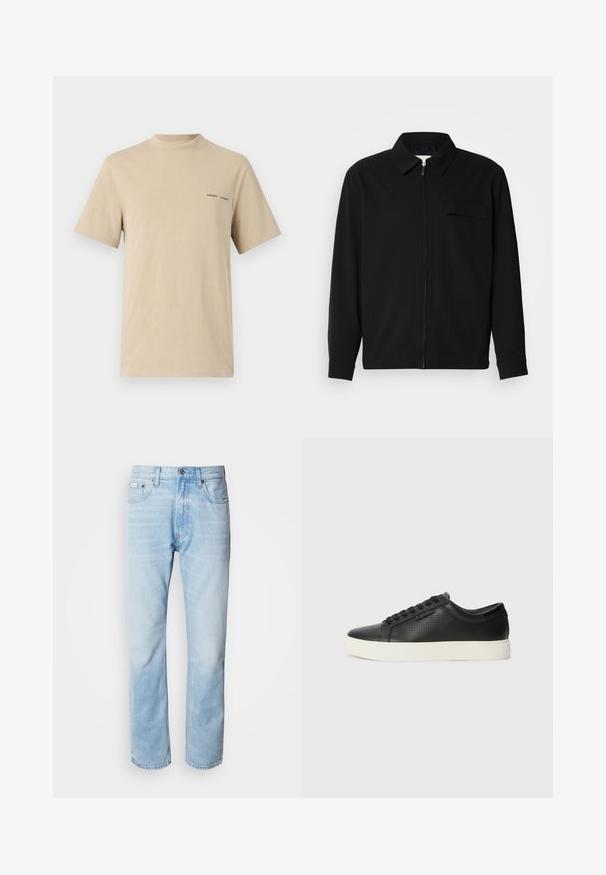 Fekete, hosszú ujjú póló, gallérral, elülső cipzárral és mellzsebbel. Texturált anyagból készült, laza szabású.; Beige pamut póló kerek nyakkivágással és rövid ujjakkal. Diszkrét fekete "SAMSOE" szöveges logóval rendelkezik a mellkason.; Világoskék farmernadrág egyenes fazonnal, kopott részletekkel, öt zsebes kialakítással és klasszikus gombos zipzárral.; Fekete bőr sportcipők perforált textúrával, kerek orral és lapos fehér gumi talppal. Fekete fűzőkkel és diszkrét logóval az oldalon.