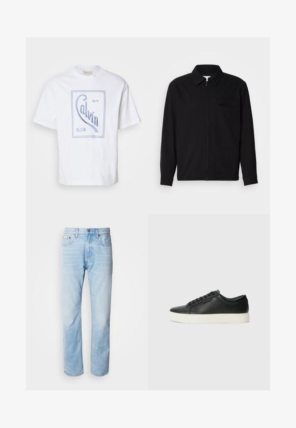 Svart langermet skjorte med krage, frontlås og brystlomme. Laget av teksturert stoff med en avslappet passform.; Hvit bomull t-skjorte med et lys blått grafisk design som har "Calvin NY Klein" i en buet font. Kort ermene og rund hals.; Lyseblå denimjeans med strak benkutt, med falmede seksjoner, femlommerdesign og en klassisk knappestol.; Sorte lær sneakers med perforert tekstur, rund tå og flat hvit gummisåle. Har sorte snørebånd og en subtil logo på siden.