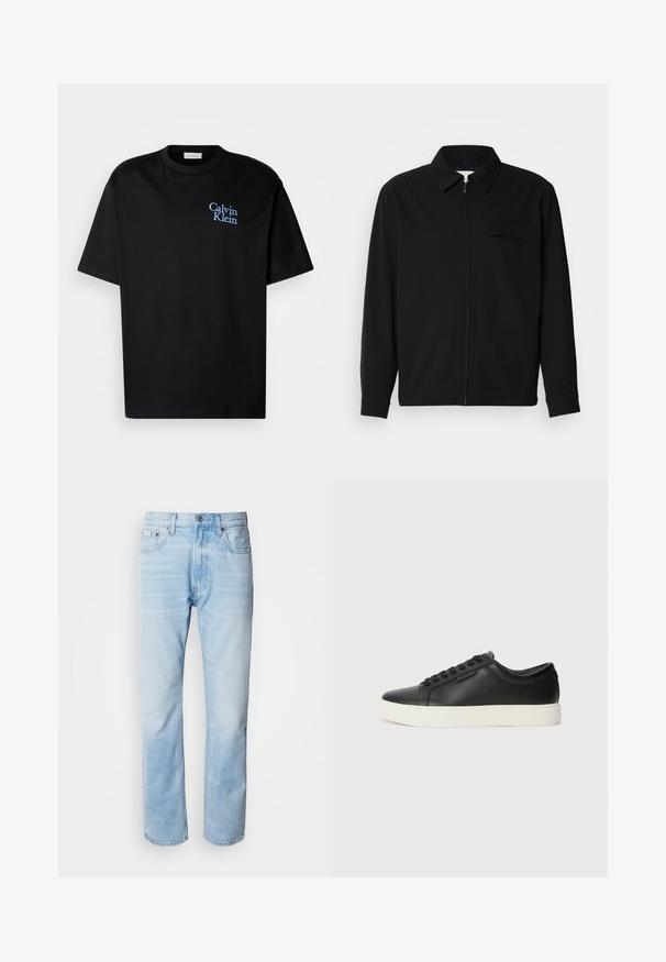 Camisa preta de manga longa com gola, fecho frontal com zíper e bolso no peito. Feita de um tecido texturizado com um corte descontraído.; T-shirt de algodão preta com um ajuste relaxado, apresentando mangas curtas e um logo azul bordado "Calvin Klein" no peito.; Jeans de ganga azul clara com corte reto, apresentando seções desbotadas, design de cinco bolsos e um fecho clássico com botão.; Sneakers de couro preto com textura perfurada, bico redondo e sola de borracha branca plana. Apresenta atacadores pretos e um logótipo discreto na lateral.