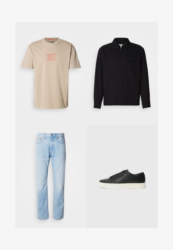 Sort langærmet skjorte med krave, frontlynlås og brystlomme. Lavet af struktureret stof med en afslappet pasform.; Beige bomulds t-shirt med rund hals, korte ærmer og rød trykt tekst: "SCOTCH & SODA ART DEPT. CLASS OF '85 AMSTERDAM."; Lyseblå denimjeans med lige ben, har slidte sektioner, fem lomme-design og en klassisk knapåbning.; Sorte lædersneakers med perforeret tekstur, rund tå og flad hvid gummisål. Har sorte snørebånd og et subtilt logo på siden.
