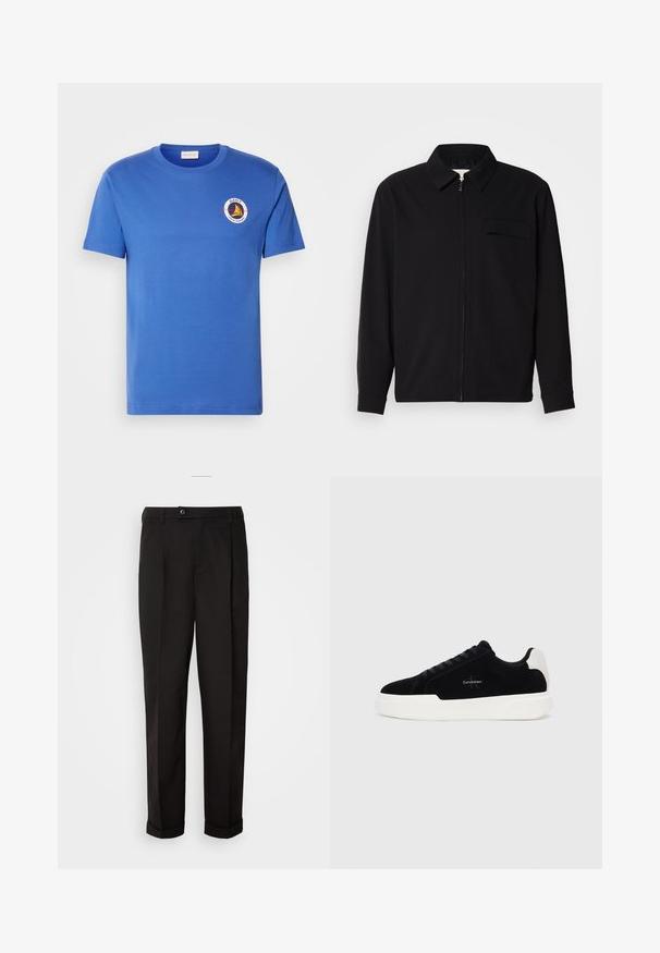 Juodas ilgomis rankovėmis marškinis, turintis apykaklės iškirptę, priekinį užtrauktuką ir krūtinės kišenę. Pagamintas iš tekstūruoto audinio, turinčio laisvą kirpimą.; Mėlyna medvilninė marškinėlių su trumpomis rankovėmis, ant kairio krūtinės pusės suapvalintas logotipas baltos, geltonos ir juodos spalvų. Apvalus iškirpimas, įprastas kirpimas.; Juodos kelnės su lygiu paviršiumi, tiesaus kirpimo, su dviem priekinių kišenių ir vieno mygtuko uždarymu juosmenyje.; Juodos žemos sportinės bateliai su balta padais ir kulno juostele, susirišami priekyje, su Calvin Klein logo šone.