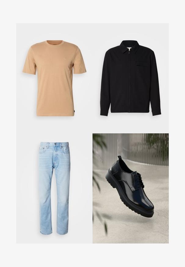 Schwarzes Langarmshirt mit Kragen, Frontreißverschluss und Brusttasche. Aus strukturiertem Stoff mit entspannter Passform.; Hellbraunes Baumwoll-T-Shirt mit kurzen Ärmeln, Rundhalsausschnitt und kleinem Logo auf der linken Brust. Weicher Stoff und normale Passform.; Hellblaue Jeans aus Denim mit geradem Schnitt, die verblasste Abschnitte, ein Fünf-Taschen-Design und einen klassischen Knopfverschluss aufweisen.; Schwarzer Lederschuh mit glänzender Oberfläche, runder Spitze, Schnürdesign, kontrastierenden Nähten und einer dicken Gummisohle mit Profilmuster.