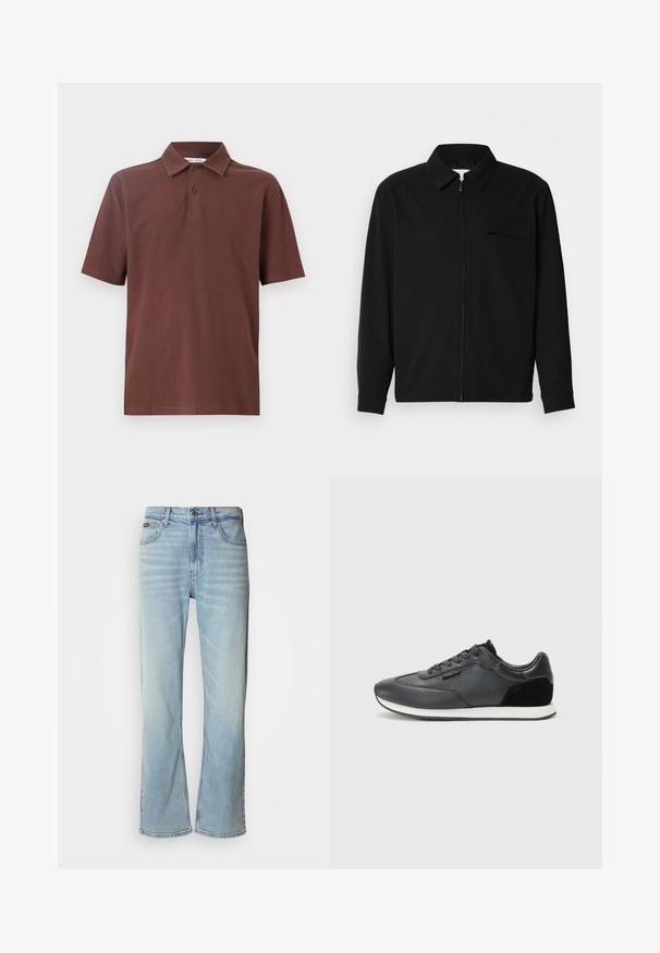 Svart långärmad skjorta med krage, framfickslås och bröstficka. Tillverkad av strukturerad tyg med avslappnad passform.; Brun polo skjorta tillverkad av andningsbart material, med klassisk krage och treknappsstängning, samt en diskret logotyp på bröstet.; Ljusblå denimjeans med rak ben, som har fem fickor, knäppning och subtil blekning på tyget.; Svarta sportskor i läder med perforerade detaljer, mockainslag och en vit gummisula. Klassisk snörning.