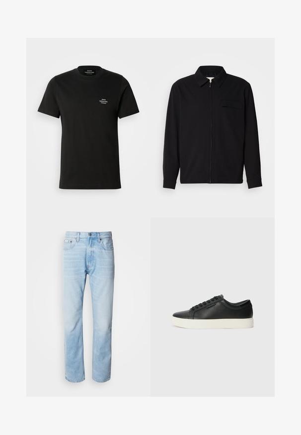 Camisa preta de manga longa com gola, fecho frontal com zíper e bolso no peito. Feita de um tecido texturizado com um corte descontraído.; T-shirt de algodão preto com mangas curtas, gola redonda, e um pequeno logótipo branco no lado esquerdo do peito. Textura suave e corte clássico.; Jeans de ganga azul clara com corte reto, apresentando seções desbotadas, design de cinco bolsos e um fecho clássico com botão.; Sneakers de couro preto com textura perfurada, bico redondo e sola de borracha branca plana. Apresenta atacadores pretos e um logótipo discreto na lateral.