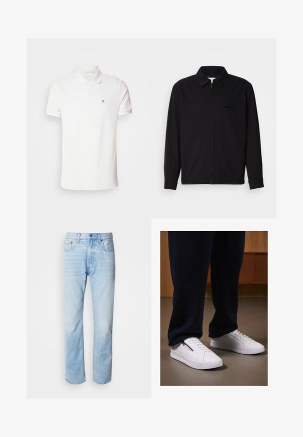 Czarna koszula z długim rękawem z kołnierzykiem, z zapięciem na suwak z przodu oraz kieszonką na piersi. Wykonana z teksturowanej tkaniny o luźnym kroju.; Biała koszulka polo wykonana z bawełny, z trzema guzikami i krótkimi rękawami. Posiada małe czerwone logo na lewej piersi.; Jasnoniebieskie dżinsy z prostymi nogawkami, z wyblakłymi odcieniami, pięcioma kieszeniami oraz klasycznym zapinaniem na guzik.; Białe sneakersy z gładką skórzaną powierzchnią, płaską podeszwą i sznurowanym fasonem. Dodatkowy zamek po boku zwiększa funkcjonalność. Połączone z ciemnymi joggerami.