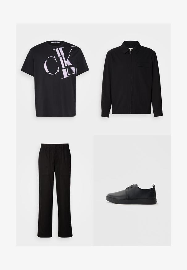 Sort langærmet skjorte med krave, frontlynlås og brystlomme. Lavet af struktureret stof med en afslappet pasform.; Calvin Klein Jeans SCATTERED LOGO TEE - T-shirts print - lilac/black; Sorte bukser med en afslappet pasform, lavet af letvægtsstof. Har elastisk talje, knaplukning og to forlommer.; Sorte lædersneakers med en glat finish, rund tå, tonalt syning, snøring foran og en flad gummisål. Løkke ved hælen.