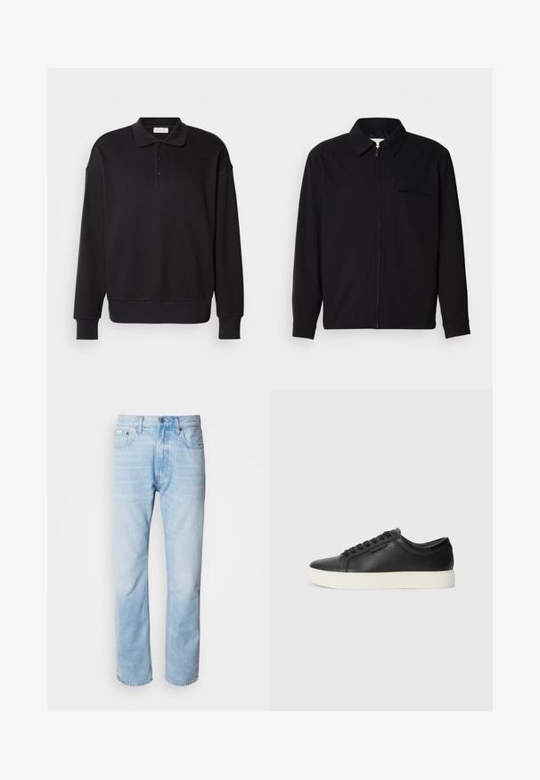 Juodas ilgomis rankovėmis marškinis, turintis apykaklės iškirptę, priekinį užtrauktuką ir krūtinės kišenę. Pagamintas iš tekstūruoto audinio, turinčio laisvą kirpimą.; Juodas ilgomis rankovėmis polo marškinėliai, raukšlėta tekstūra, trijų mygtukų užtrauktukas, siuvinėtas logotipas ant krūtinės, prigludę rankogaliai ir apatinė dalis. Minkštas medvilnės mišinio audinys.; Šviesiai mėlyni džinsai su tiesiomis kojomis, puošti išblukusių vietų, penkių kišenių dizainu ir klasikiniu mygtukų užsegimu.; Juodi odiniai sportbačiai su perforuotu paviršiumi, apvaliu pirštu ir plokščiu baltu guminiu padu. Yra juodos raišteliai ir subtili logotipo detalė šone.
