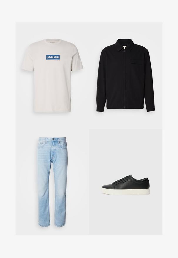 Svart langermet skjorte med krage, frontlås og brystlomme. Laget av teksturert stoff med en avslappet passform.; Hvit bomull T-skjorte med en blå rektangulær logo med "calvin klein" og "new york city" i hvit tekst på forsiden. Klassisk passform.; Lyseblå denimjeans med strak benkutt, med falmede seksjoner, femlommerdesign og en klassisk knappestol.; Sorte lær sneakers med perforert tekstur, rund tå og flat hvit gummisåle. Har sorte snørebånd og en subtil logo på siden.