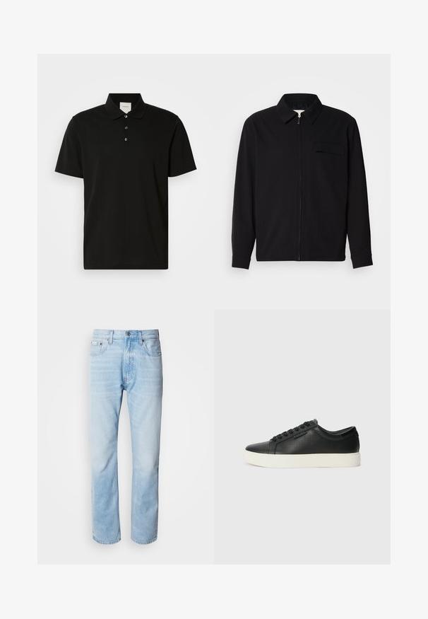Čierna košeľa s dlhým rukávom, so golierom, predným zipsom a vreckom na hrudi. Vyrobená z textúrovanej tkaniny s voľným strihom.; Čierna polokošeľa s krátkym rukávom z hladkej tkaniny, s klasickým golierom, tri gombičkovou légou a jemným vertikálnym vzorom.; Svetlomodré džínsy s rovnými nohavicami, s vybledlými časťami, dizajnom s piatimi vreckami a klasickým zapínaním na gombíky.; Čierne kožené tenisky s perforovanou textúrou, okrúlym špičkou a plochou bielou gumovou podrážkou. Obsahujú čierne šnúrky a diskrétny logo na boku.