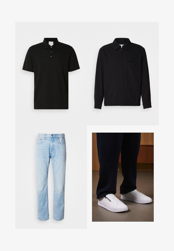 Fekete, hosszú ujjú póló, gallérral, elülső cipzárral és mellzsebbel. Texturált anyagból készült, laza szabású.; Fekete, rövid ujjú pólóing sima anyagból, klasszikus gallérral, három gombos gombolással és diszkrét függőleges mintázattal.; Világoskék farmernadrág egyenes fazonnal, kopott részletekkel, öt zsebes kialakítással és klasszikus gombos zipzárral.; Fehér sneakers, sima bőr felülettel, lapos talppal és fűzős dizájnnal. Oldalsó cipzár részlet a funkcionalitás érdekében. Sötét jogging nadrággal párosítva.