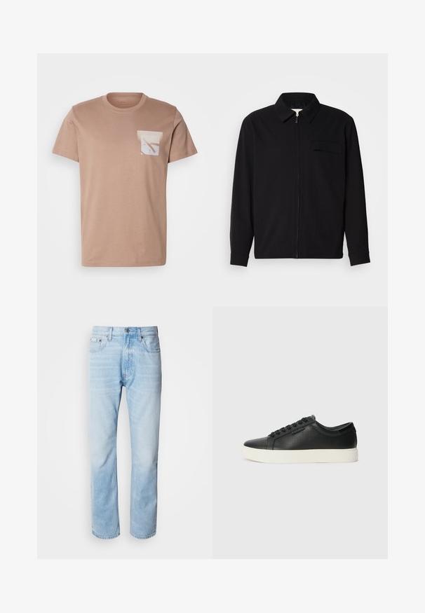 Čierna košeľa s dlhým rukávom, so golierom, predným zipsom a vreckom na hrudi. Vyrobená z textúrovanej tkaniny s voľným strihom.; Béžové tričko s krátkym rukávom vyrobené z bavlny, s bielou náprsní kapsou zdobenou abstraktnými tvarmi v jemných farbách, okrúhlym výstrihom a štandardným strihom.; Svetlomodré džínsy s rovnými nohavicami, s vybledlými časťami, dizajnom s piatimi vreckami a klasickým zapínaním na gombíky.; Čierne kožené tenisky s perforovanou textúrou, okrúlym špičkou a plochou bielou gumovou podrážkou. Obsahujú čierne šnúrky a diskrétny logo na boku.