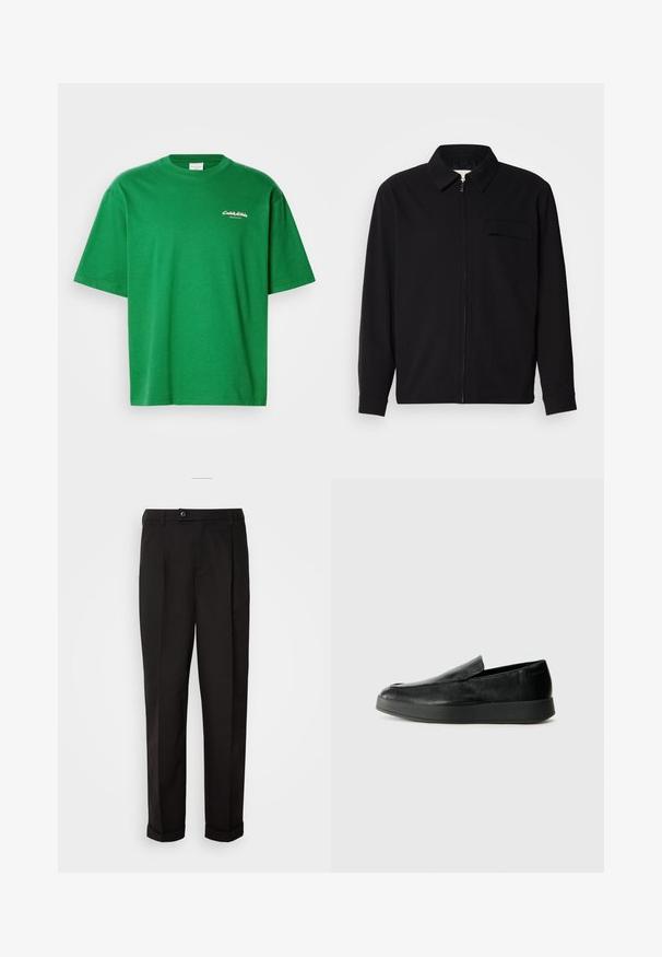 Fekete, hosszú ujjú póló, gallérral, elülső cipzárral és mellzsebbel. Texturált anyagból készült, laza szabású.; Zöld pamut póló laza szabással, rövid ujjakkal és kerek nyakkivágással. A frontján egy kis fehér logo található.; Fekete nadrág sima textúrával, egyenes szabással, két elülső zsebbel és egy gombbal zárható derékkal.; Calvin Klein HYBRID CUP - Belebújós cipők - triple black