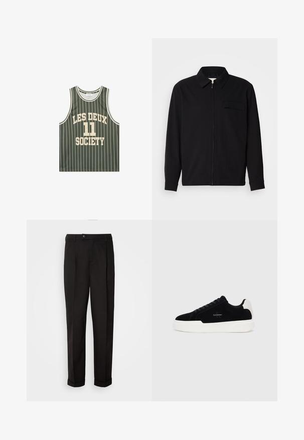 Juodas ilgomis rankovėmis marškinis, turintis apykaklės iškirptę, priekinį užtrauktuką ir krūtinės kišenę. Pagamintas iš tekstūruoto audinio, turinčio laisvą kirpimą.; Lengvas žalias krepšinio marškinėlis be rankovių, su baltomis vertikaliomis juostelėmis, ant priekinės dalies išspausdintas bold šriftu "LES DEUX 11 SOCIETY".; Juodos kelnės su lygiu paviršiumi, tiesaus kirpimo, su dviem priekinių kišenių ir vieno mygtuko uždarymu juosmenyje.; Juodos žemos sportinės bateliai su balta padais ir kulno juostele, susirišami priekyje, su Calvin Klein logo šone.