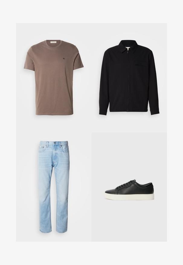 Black long-sleeve shirt featuring a collared neckline, front zip closure, and a chest pocket. Made of textured fabric with a relaxed fit.; Brown cotton t-shirt with a crew neck, short sleeves, and a small black logo on the left chest. Smooth texture and solid color.; Light blue denim jeans with a straight leg cut, featuring faded sections, five-pocket design, and a classic button fly.; Black leather sneakers with perforated texture, round toe, and flat white rubber sole. Features black laces and a subtle logo on the side.