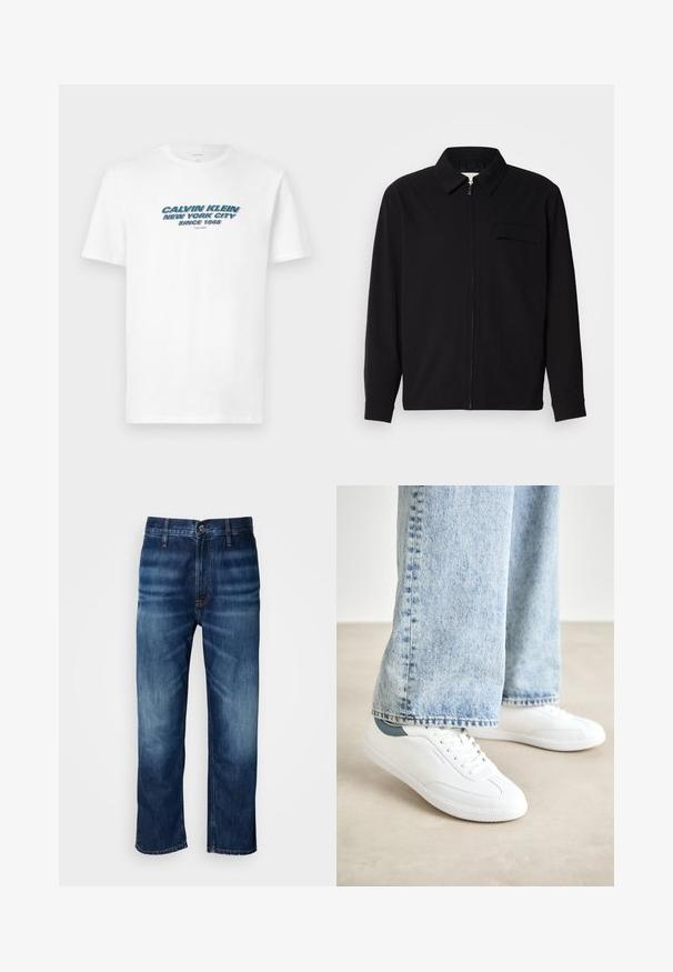 Juodas ilgomis rankovėmis marškinis, turintis apykaklės iškirptę, priekinį užtrauktuką ir krūtinės kišenę. Pagamintas iš tekstūruoto audinio, turinčio laisvą kirpimą.; Baltas medvilninis marškinėlis su grafinio dizaino spauda, kurioje mėlynu ir raudonu stilizuotu tekstu parašyta „CALVIN KLEIN NEW YORK CITY SINCE 1968“.; Tamsiai mėlynos tiesios kojų džinsai su subtiliu išblukimu ant šlaunų ir užsegimu prie juosmens, pateikti ant baltos fono.; Baltos sportbačiai su lygiu paviršiumi, raišteliais ir tekstūruota guma, su žaliu akcentu ant kulno, derinami su šviesiai mėlynomis džinsinėmis kelnėmis.