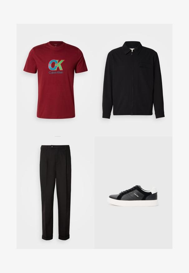 Juodas ilgomis rankovėmis marškinis, turintis apykaklės iškirptę, priekinį užtrauktuką ir krūtinės kišenę. Pagamintas iš tekstūruoto audinio, turinčio laisvą kirpimą.; Bordo medvilninis marškinėliai su mėlynu ir žaliu "CK" grafiniu logotipu, turinčiu apvalius akcentus, trumpomis rankovėmis ir apykakle.; Juodos kelnės su lygiu paviršiumi, tiesaus kirpimo, su dviem priekinių kišenių ir vieno mygtuko uždarymu juosmenyje.; Juodi sportbačiai su blizgia oda ir zomšo detalėmis, balta padu ir juodais raišteliais. Šone yra logotipas ir kontrastinga kulno detalė.