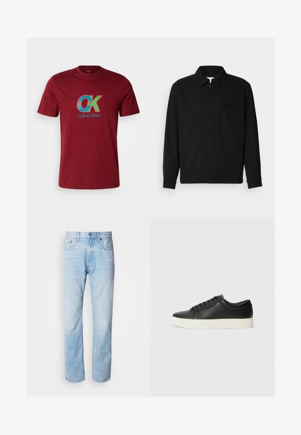 Melna garām piedurknēm krekls ar apkakles izgriezumu, priekšējo rāvējslēdzēju un krūšu kabatu. Izgatavots no teksturēta auduma ar brīvu piegriezumu.; Bordo kokvilnas t-krekls ar zilu un zaļu "CK" grafisko logotipu, noapaļotiem akcentiem, īsām piedurknēm un apaļu kakla izgriezumu.; Gaiši zili denima džinsi ar taisnu kāju griezumu, ar izbalējušām sekcijām, piecu kabatu dizainu un klasisko pogu aizdari.; Melnas ādas sporta kurpes ar perforētu tekstūru, apaļu purngalu un plakanu baltu gumijas zoli. Ar melniem šņorējumiem un smalku logo sānos.