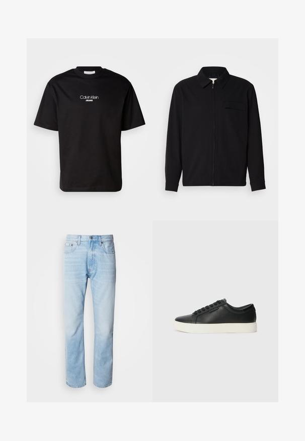Svart langermet skjorte med krage, frontlås og brystlomme. Laget av teksturert stoff med en avslappet passform.; Svart bomulls t-skjorte med rund hals, korte ermer og hvit "Calvin Klein JEANS" logo på forsiden. Enkel og rettklipt design.; Lyseblå denimjeans med strak benkutt, med falmede seksjoner, femlommerdesign og en klassisk knappestol.; Sorte lær sneakers med perforert tekstur, rund tå og flat hvit gummisåle. Har sorte snørebånd og en subtil logo på siden.