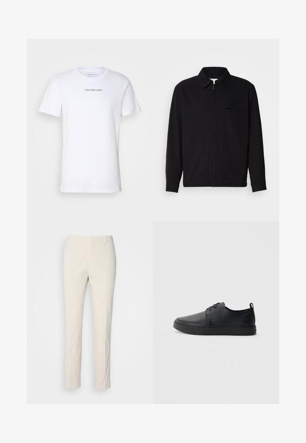 Črna dolgoročna majica z ovratnikom, sprednjim zadrgo in žepom na prsih. Narejena iz teksturirane tkanine z sproščenim krojem.; Bela bombažna majica s kratkimi rokavi, okroglim izrezom in črnim tiskanim logotipom "Calvin Klein Jeans" čez prsa.; Hlače kremaste barve, prirejene po meri, z teksturirano tkanino. Imajo ravno obliko, zanke za pas in dva sprednja žepa. Brez vzorcev.; Črne usnjene športne čevlje z gladko površino, okroglo oblikovano nosilo, toniranim šivanjem, vezanjem spredaj in ravnim gumijastim podplatom. Zanko na peti.