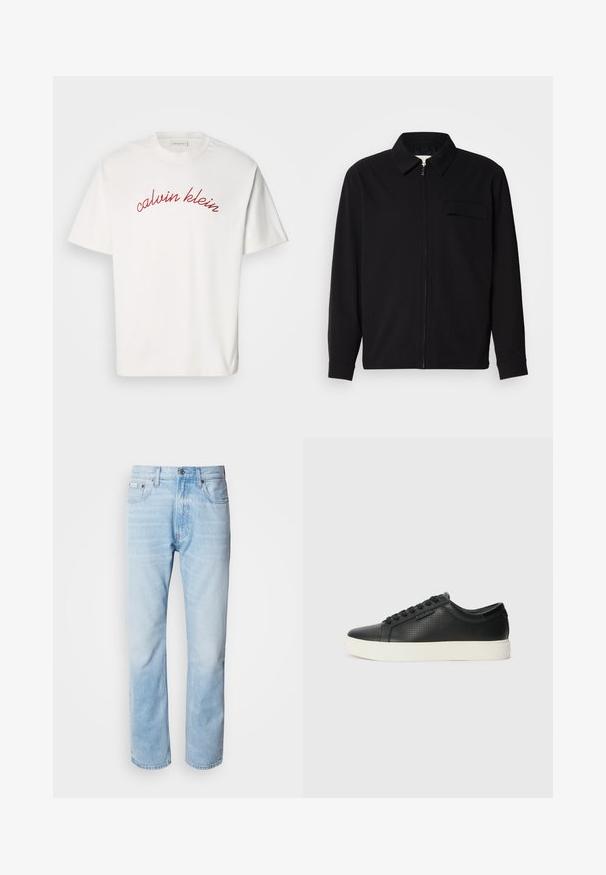 Musta pitkähihaine paita, jossa on kauluksellinen kaulus, edessä vetoketju ja rintatasku. Valmistettu teksturoidusta kankaasta, jossa on rento istuvuus.; Valkoinen puuvillapaita lyhyillä hihoilla, jossa on kaareva punaisella brodeerattu teksti "calvin klein" rinnan kohdalla. Klassinen pyöreä kaula-aukko.; Vaaleansiniset farkut suoranlahkeisella leikkauksella, joissa on haalistuneita kohtia, viisi taskua ja klassinen nappisuljenta.; Mustat nahkasneakersit rei'itetyllä pinnalla, pyöreällä varvalla ja litteällä valkoisella kumipohjalla. Varustettu mustilla nauhoilla ja hienovaraisella logolla sivussa.