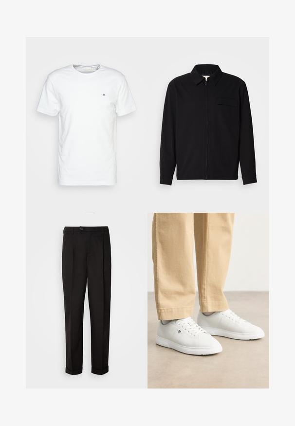 Juodas ilgomis rankovėmis marškinis, turintis apykaklės iškirptę, priekinį užtrauktuką ir krūtinės kišenę. Pagamintas iš tekstūruoto audinio, turinčio laisvą kirpimą.; Balta medvilninė marškinė su apvaliu iškirptimu ir trumpomis rankovėmis, su mažuoju logotipu ant krūtinės ir lygiu, švariu paviršiumi.; Juodos kelnės su lygiu paviršiumi, tiesaus kirpimo, su dviem priekinių kišenių ir vieno mygtuko uždarymu juosmenyje.; Baltos odinės sportbačiai su lygia apdaila, su apvalia nosimi, nėriniais ir subtiliu logotipo detaliu šone, derinami su béžinėmis kelnėmis.