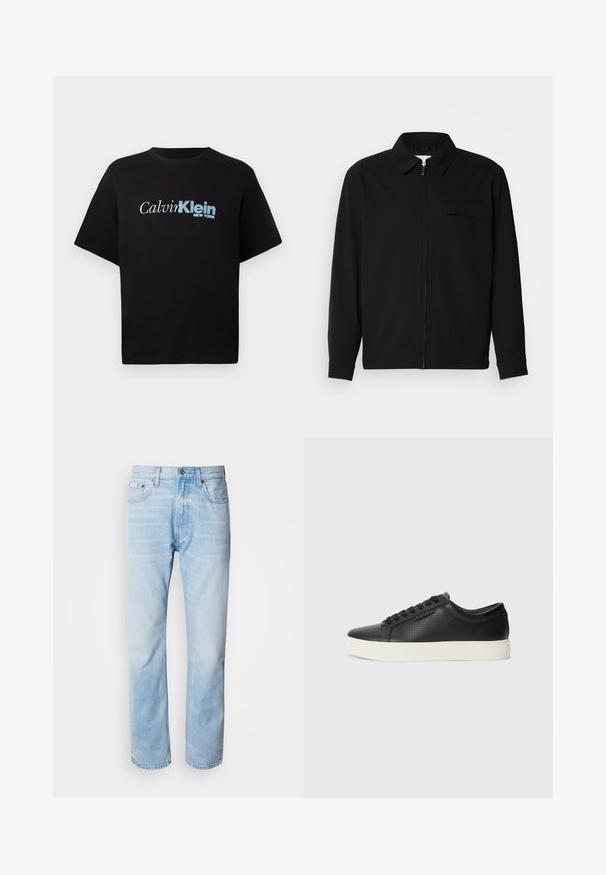 Camisa negra de manga larga que presenta un cuello con solapa, cierre frontal con cremallera y un bolsillo en el pecho. Fabricada con una tela texturizada y un corte holgado.; Camiseta de manga corta negra con el logo "Calvin Klein New York" en blanco y azul centrado en el pecho sobre un fondo liso.; Vaqueros de mezclilla azul claro con corte recto, con secciones desgastadas, diseño de cinco bolsillos y cierre de botones clásico.; Zapatillas de cuero negro con textura perforada, puntera redonda y suela plana de goma blanca. Presenta cordones negros y un logo sutil en el costado.