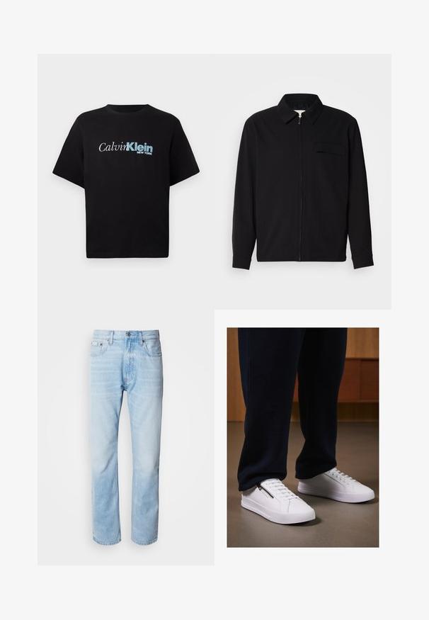 Czarna koszula z długim rękawem z kołnierzykiem, z zapięciem na suwak z przodu oraz kieszonką na piersi. Wykonana z teksturowanej tkaniny o luźnym kroju.; Czarna koszulka z krótkim rękawem z logo "Calvin Klein New York" w białym i niebieskim kolorze pośrodku klatki piersiowej na jednolitym tle.; Jasnoniebieskie dżinsy z prostymi nogawkami, z wyblakłymi odcieniami, pięcioma kieszeniami oraz klasycznym zapinaniem na guzik.; Białe sneakersy z gładką skórzaną powierzchnią, płaską podeszwą i sznurowanym fasonem. Dodatkowy zamek po boku zwiększa funkcjonalność. Połączone z ciemnymi joggerami.
