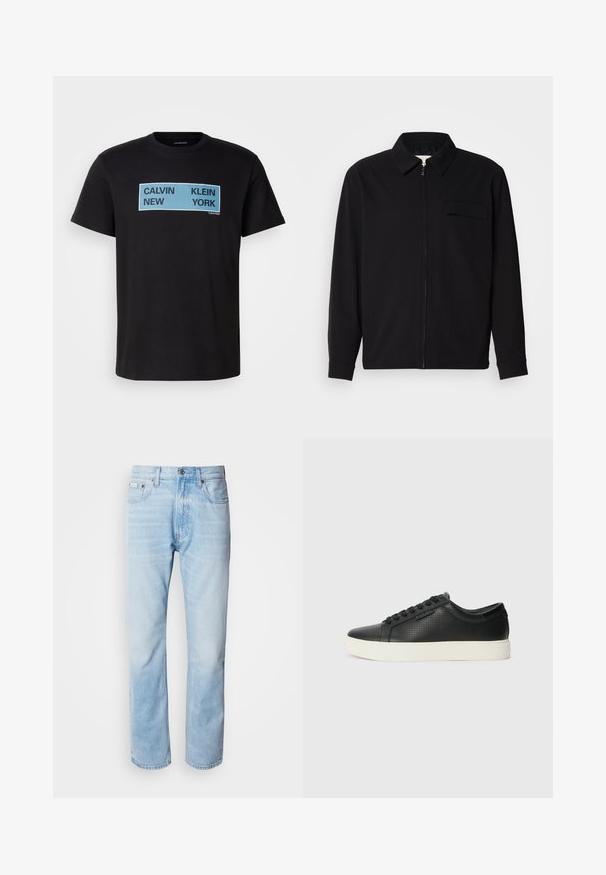Melna garām piedurknēm krekls ar apkakles izgriezumu, priekšējo rāvējslēdzēju un krūšu kabatu. Izgatavots no teksturēta auduma ar brīvu piegriezumu.; Melnas kokvilnas t-krekls ar izteiksmīgiem zilajiem un melnajiem burtiem: "CALVIN NEW KLEIN YORK" priekšpusē. Klasicisks apaļais kakla izgriezums, īsas piedurknes.; Gaiši zili denima džinsi ar taisnu kāju griezumu, ar izbalējušām sekcijām, piecu kabatu dizainu un klasisko pogu aizdari.; Melnas ādas sporta kurpes ar perforētu tekstūru, apaļu purngalu un plakanu baltu gumijas zoli. Ar melniem šņorējumiem un smalku logo sānos.