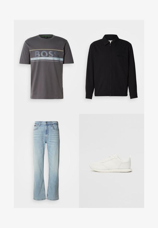 Svart langermet skjorte med krage, frontlås og brystlomme. Laget av teksturert stoff med en avslappet passform.; Grå bomull T-skjorte med rund hals. Inkluderer stor "BOSS" logo i mørk grå, aksentuert med gule og blå horisontale striper.; Lyseblå denim jeans med rett ben, med fem lommer, knappelukking og subtile falminger på stoffet.; Hvit sneaker med en mesh- og syntetisk overdel, rund tå, flate lisser og en teksturert sidestropp. Gummisåle med en pull-tab bak.