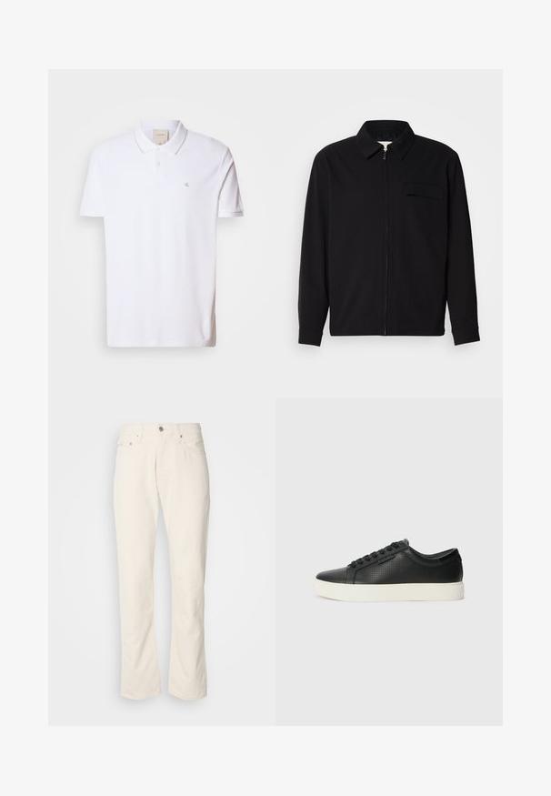 Camisa preta de manga longa com gola, fecho frontal com zíper e bolso no peito. Feita de um tecido texturizado com um corte descontraído.; Camisa polo branca feita de algodão, com gola, mangas curtas e um pequeno logotipo na área do peito esquerdo. Design clássico com uma textura suave.; Jeans de algodão bege com um design clássico de perna reta, apresentando um fecho frontal com botão, cinco bolsos e detalhes de costura subtil.; Sneakers de couro preto com textura perfurada, bico redondo e sola de borracha branca plana. Apresenta atacadores pretos e um logótipo discreto na lateral.