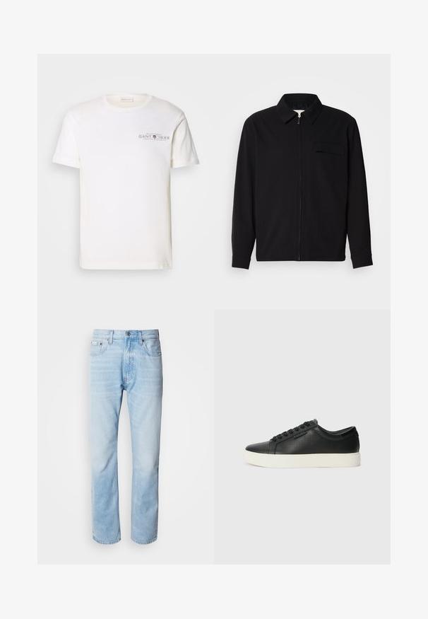 Black long-sleeve shirt featuring a collared neckline, front zip closure, and a chest pocket. Made of textured fabric with a relaxed fit.; White cotton t-shirt with a crew neck, short sleeves, and a printed logo. Features minimalist design and relaxed fit.; Light blue denim jeans with a straight leg cut, featuring faded sections, five-pocket design, and a classic button fly.; Black leather sneakers with perforated texture, round toe, and flat white rubber sole. Features black laces and a subtle logo on the side.