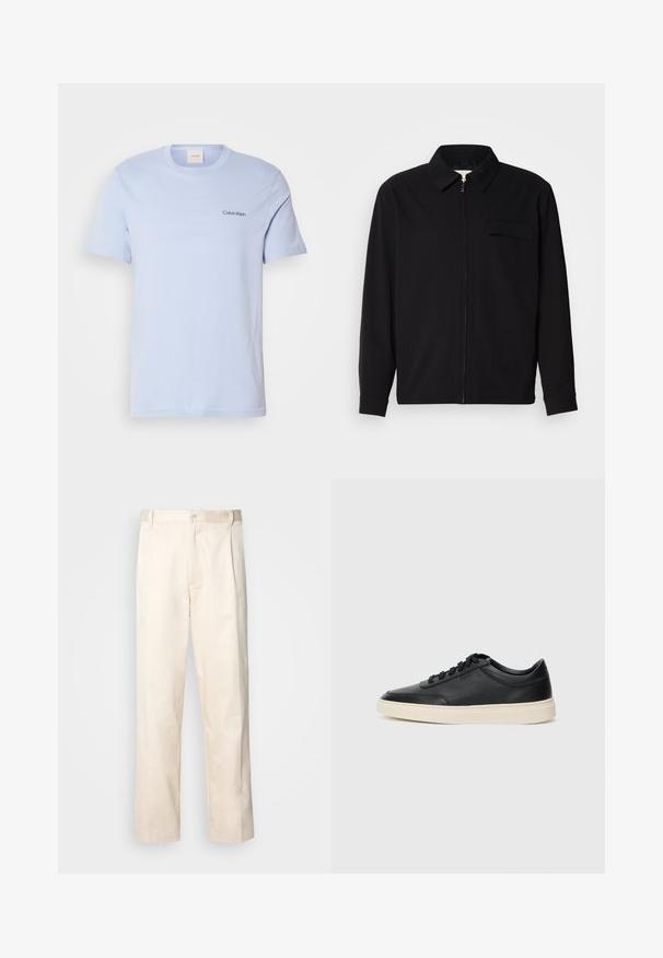 Černá dlouhá rukávová košile s límečkem, předním zipovým uzávěrem a kapsou na hrudi. Vyrobená z texturované tkaniny s uvolněným střihem.; Světle modré bavlněné tričko s krátkými rukávy, kulatým výstřihem a malým černým logem "Calvin Klein" na levé straně hrudníku. Jednoduchý design.; Bežové bavlněné kalhoty se střihy rovného nohavice, s knoflíkovým zapínáním a záhyby vpředu pro zvýraznění detailu.; Černé kožené nízké tenisky s černými tkaničkami a slonovinovou podešví, zobrazené v bočním profilu na bílém pozadí.
