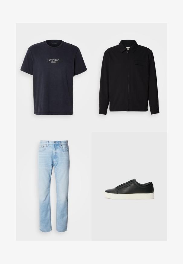 Juodas ilgomis rankovėmis marškinis, turintis apykaklės iškirptę, priekinį užtrauktuką ir krūtinės kišenę. Pagamintas iš tekstūruoto audinio, turinčio laisvą kirpimą.; Tamsiai mėlynas medvilnės marškinėliai trumpomis rankovėmis, su apvalia iškirpte ir baltu "Calvin Klein Jeans" logotipu, atspausdintu ant krūtinės.; Šviesiai mėlyni džinsai su tiesiomis kojomis, puošti išblukusių vietų, penkių kišenių dizainu ir klasikiniu mygtukų užsegimu.; Juodi odiniai sportbačiai su perforuotu paviršiumi, apvaliu pirštu ir plokščiu baltu guminiu padu. Yra juodos raišteliai ir subtili logotipo detalė šone.
