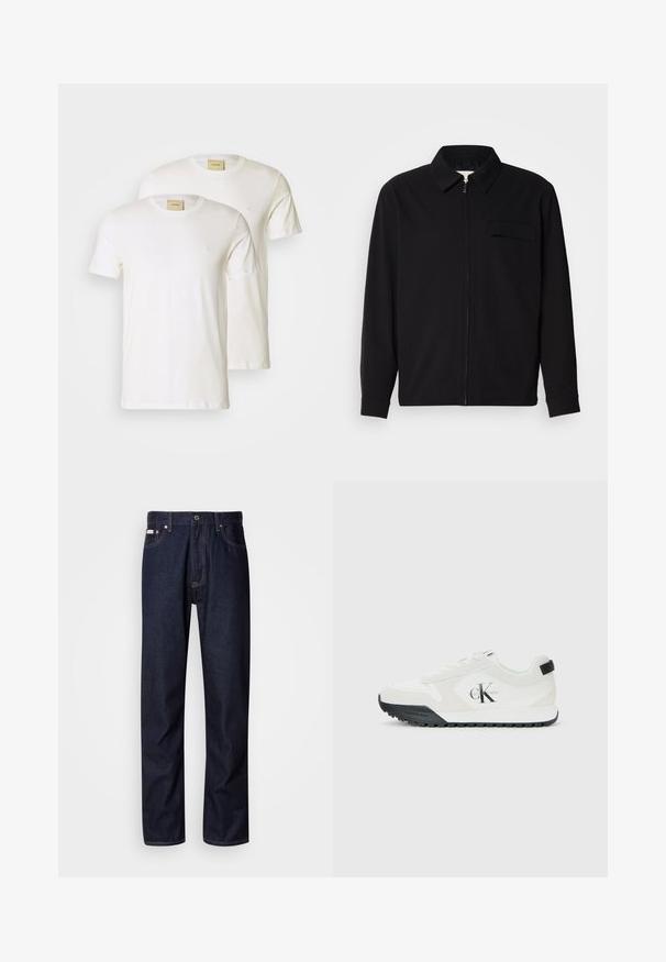 Melna garām piedurknēm krekls ar apkakles izgriezumu, priekšējo rāvējslēdzēju un krūšu kabatu. Izgatavots no teksturēta auduma ar brīvu piegriezumu.; Baltas kokvilnas T-krekli ar īsām piedurknēm, apaļu kakla izgriezumu un mazu logo uz krūšu daļas, izlikti divu iepakojumā. Gluda tekstūra.; Tumši zilie džinsi ar taisnas kājas piegriezumu, ar pogu aizdari, pieciem kabatām un kontrastējošām aizšuvēm.; Calvin Klein balti čības ar melnu zoli, zamša un acu paneļiem, CK logo uz sāniem, kā arī Calvin Klein zīmols uz papēža un zoles.