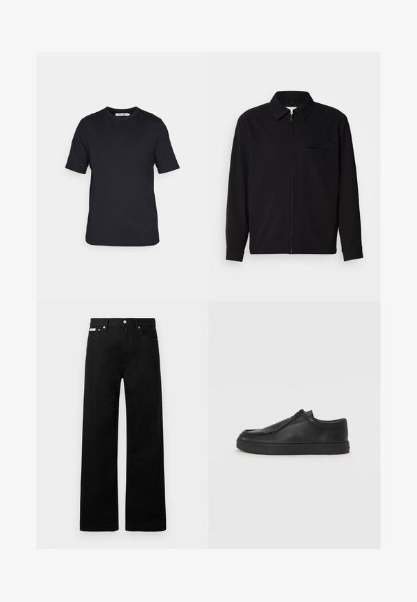 Must valgade varrukatega must särk, millel on krae, ees tõmbluku sulgemine ja rinna tasku. Valmistatud tekstuurilisest kangast ning mugav lõige.; Must muströöpidega tumedat T-särki, mis on valmistatud pehmest kangast, ümarate kaelustega ja sirgete servadega, ilma mustrite ja nähtava logota.; Mustadest denimist püksid laiade jalgadega, viie tasku ja metallist nööpidega. Sile tekstuur, nähtavad mustrid puuduvad.; Must na ostri varvastega musta nahast libisemisega king, millel on tikand ja must kummitald. Sile tekstuur ja minimalistik disain.