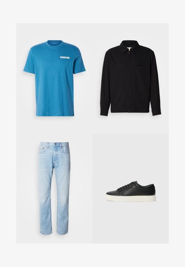 Camisa negra de manga larga que presenta un cuello con solapa, cierre frontal con cremallera y un bolsillo en el pecho. Fabricada con una tela texturizada y un corte holgado.; Camiseta de algodón azul con cuello redondo, mangas cortas y un logo blanco de "Calvin Klein" impreso en el área del pecho izquierdo.; Vaqueros de mezclilla azul claro con corte recto, con secciones desgastadas, diseño de cinco bolsillos y cierre de botones clásico.; Zapatillas de cuero negro con textura perforada, puntera redonda y suela plana de goma blanca. Presenta cordones negros y un logo sutil en el costado.