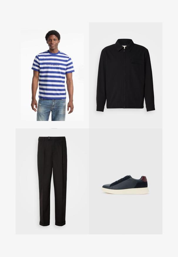 Černá dlouhá rukávová košile s límečkem, předním zipovým uzávěrem a kapsou na hrudi. Vyrobená z texturované tkaniny s uvolněným střihem.; Modrá a bílá pruhovaná tričko s kulatým výstřihem, s logem "GUESS JEANS" vyšitým námořnickou modří na přední straně. Volný střih.; Černé kalhoty s hladkou texturou, rázovaného střihu, dvěma předními kapsami a jedním knoflíkovým zapínáním v pase.; Nízké pánské tenisky z černé kůže a semiše s vínovým patním páskem a bílou gumovou podrážkou, pohled z vnější strany.