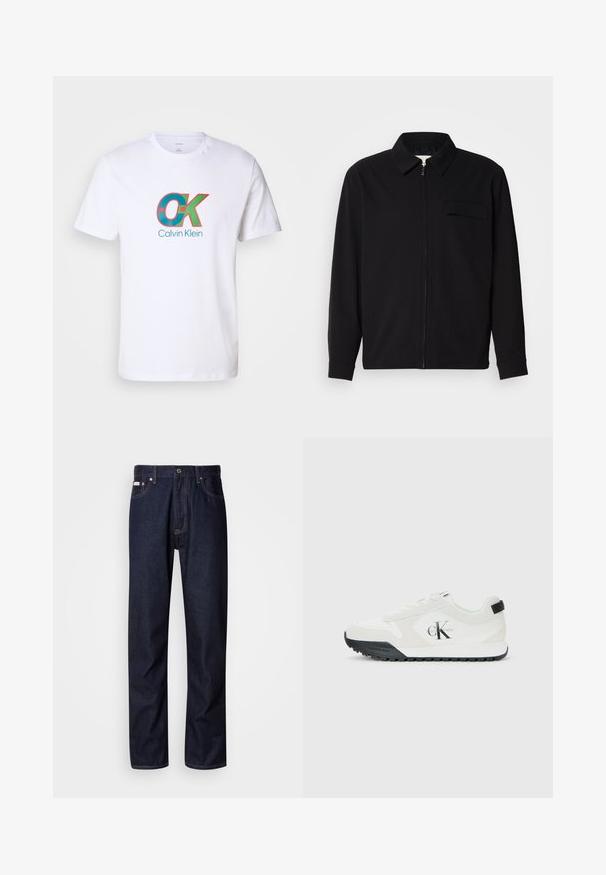 Melna garām piedurknēm krekls ar apkakles izgriezumu, priekšējo rāvējslēdzēju un krūšu kabatu. Izgatavots no teksturēta auduma ar brīvu piegriezumu.; Balta kokvilnas T-kreklā ar izteiktu grafiku sarkanā un tīrkīza krāsā, kurā centrā ir teksts "OK" un "Calvin Klein". Īsas piedurknes.; Tumši zilie džinsi ar taisnas kājas piegriezumu, ar pogu aizdari, pieciem kabatām un kontrastējošām aizšuvēm.; Calvin Klein balti čības ar melnu zoli, zamša un acu paneļiem, CK logo uz sāniem, kā arī Calvin Klein zīmols uz papēža un zoles.
