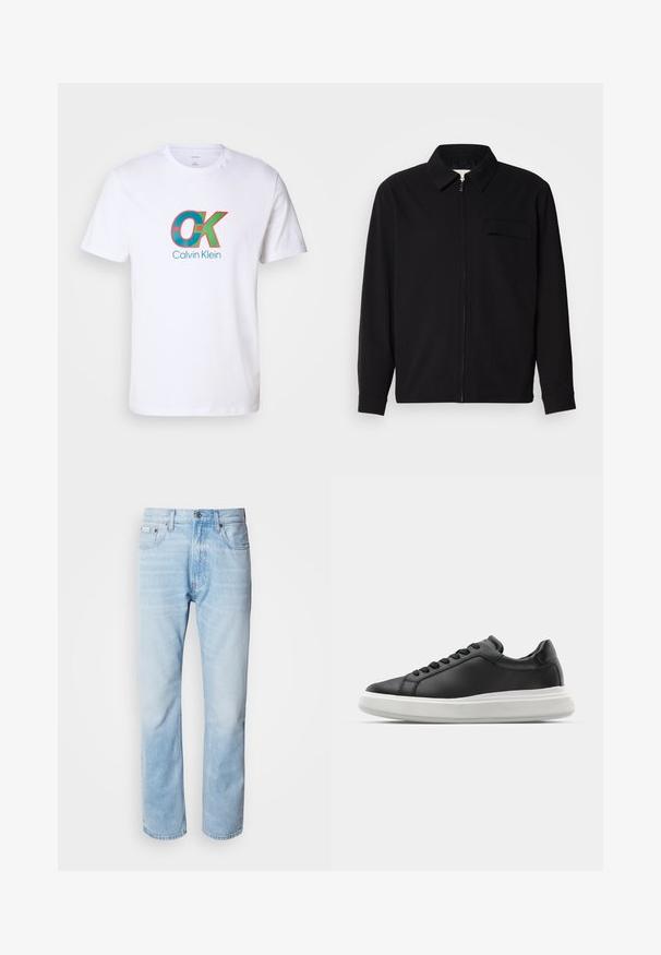 Svart långärmad skjorta med krage, framfickslås och bröstficka. Tillverkad av strukturerad tyg med avslappnad passform.; Vit bomulls T-shirt med en djärv grafik i röd och turkos med texten "OK" och "Calvin Klein" i mitten. Kortärmad.; Ljusblå denimjeans med rak benprofil, som har blekta sektioner, femficksdesign och en klassisk knäppning.; Svart lädersneaker med en slät finish, vit gummisula, rund form, sex hål för snören och diskret varumärke på hälen.